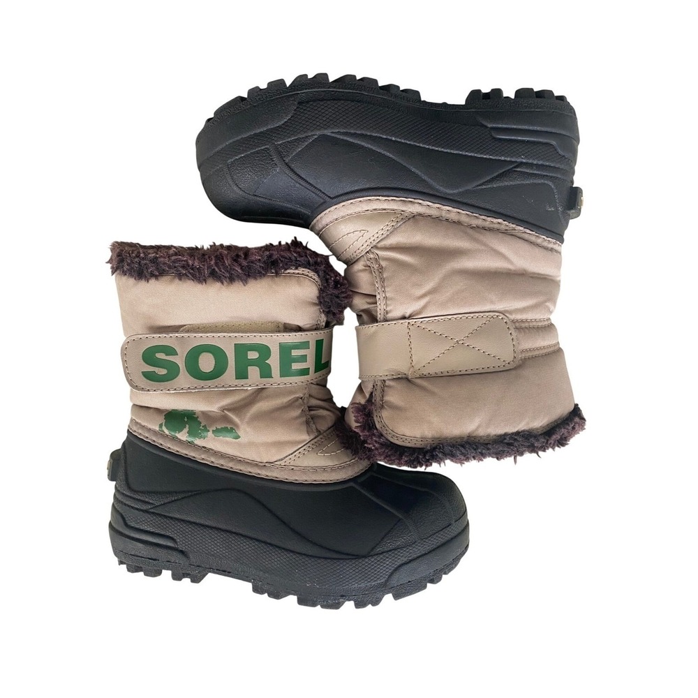 Sorel Kids Snow Commander Boots Tan Black Waterproof Faux Fur Lined Size 12